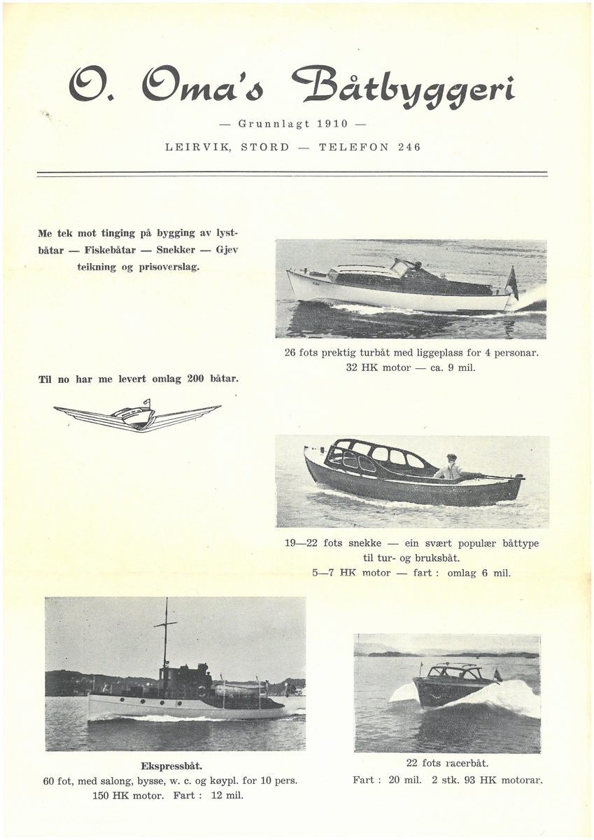 Salgsbrosjyre for div båttyper produsert ved Oma Båtbyggjeri, Stord