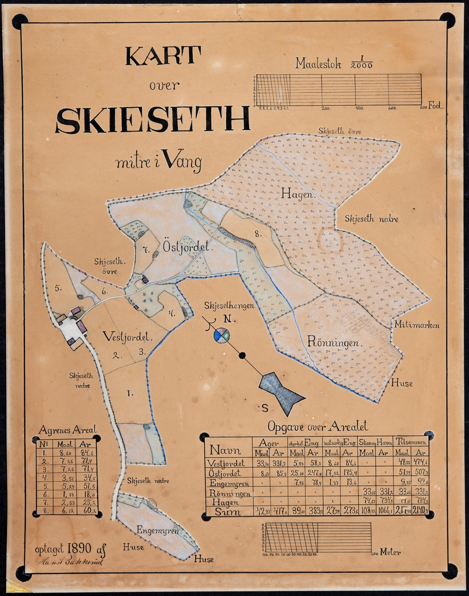 Gårds kart over Skjeseth gård i Vang. Oppmålt av Hans Bakkerud i 1890. Navn på de forskjellige jordene. Gards kart. Gårdskart.