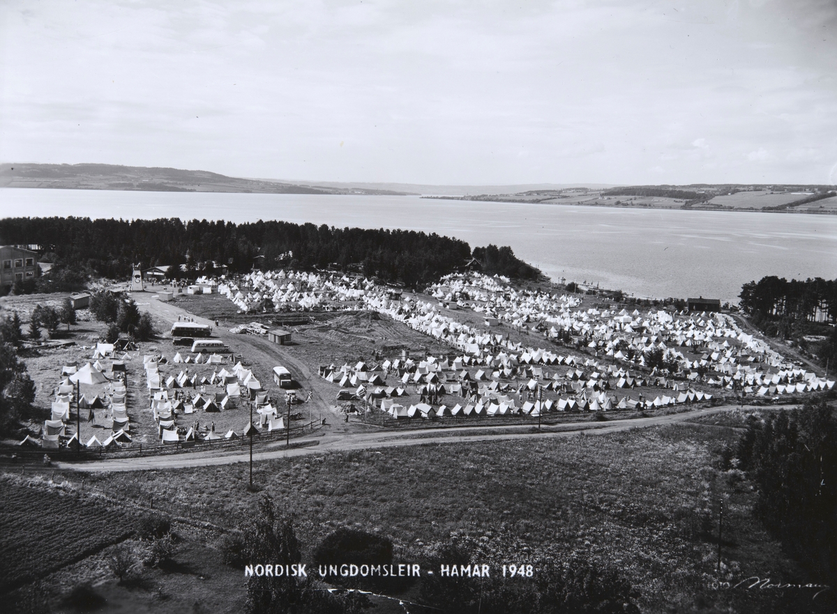 Postkort, Hamar, Martodden, nordisk speiderleier, ungdomsleir i 1948, teltleir, Mjøsa i bakgrunnen,