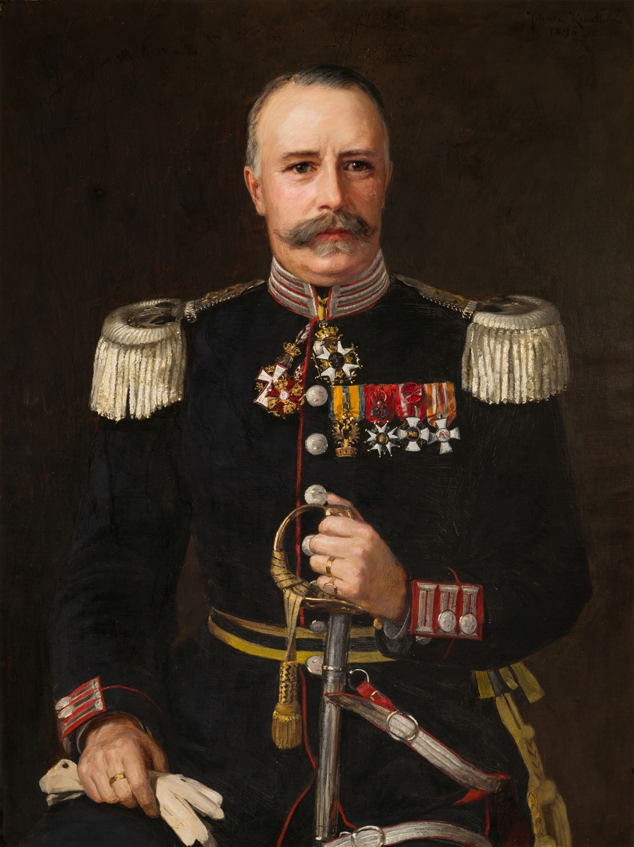 Halvfigur porträtt av Fritz Lovén (Lars Fredrik Lovén 1844-1939), rikt dekorerad i militäruniform.