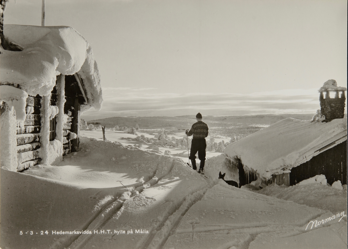 Postkort, Løten, Hedmarksvidda H.H.T. hytte på Målia, vinter. mann på ski, Turistforeningen,