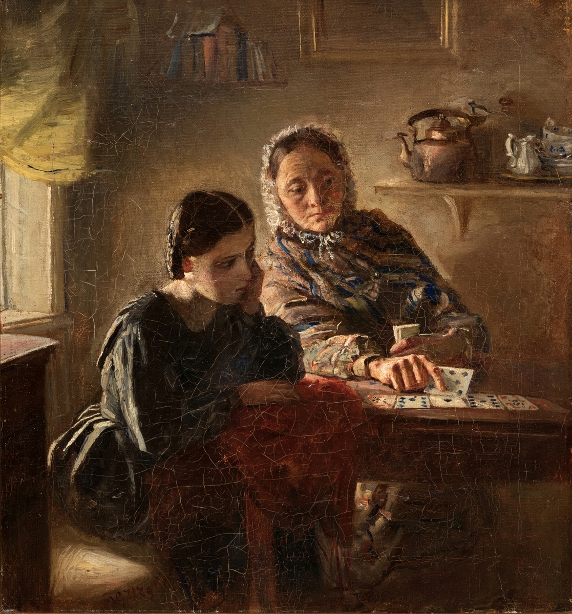 I förgrunden vid ett bord sitter en gumma, som lagt ut sina spelkort; till vänster sitter en ung flicka intill ett fönster; på fondväggen en hylla med kaffekokare, porslin med mera