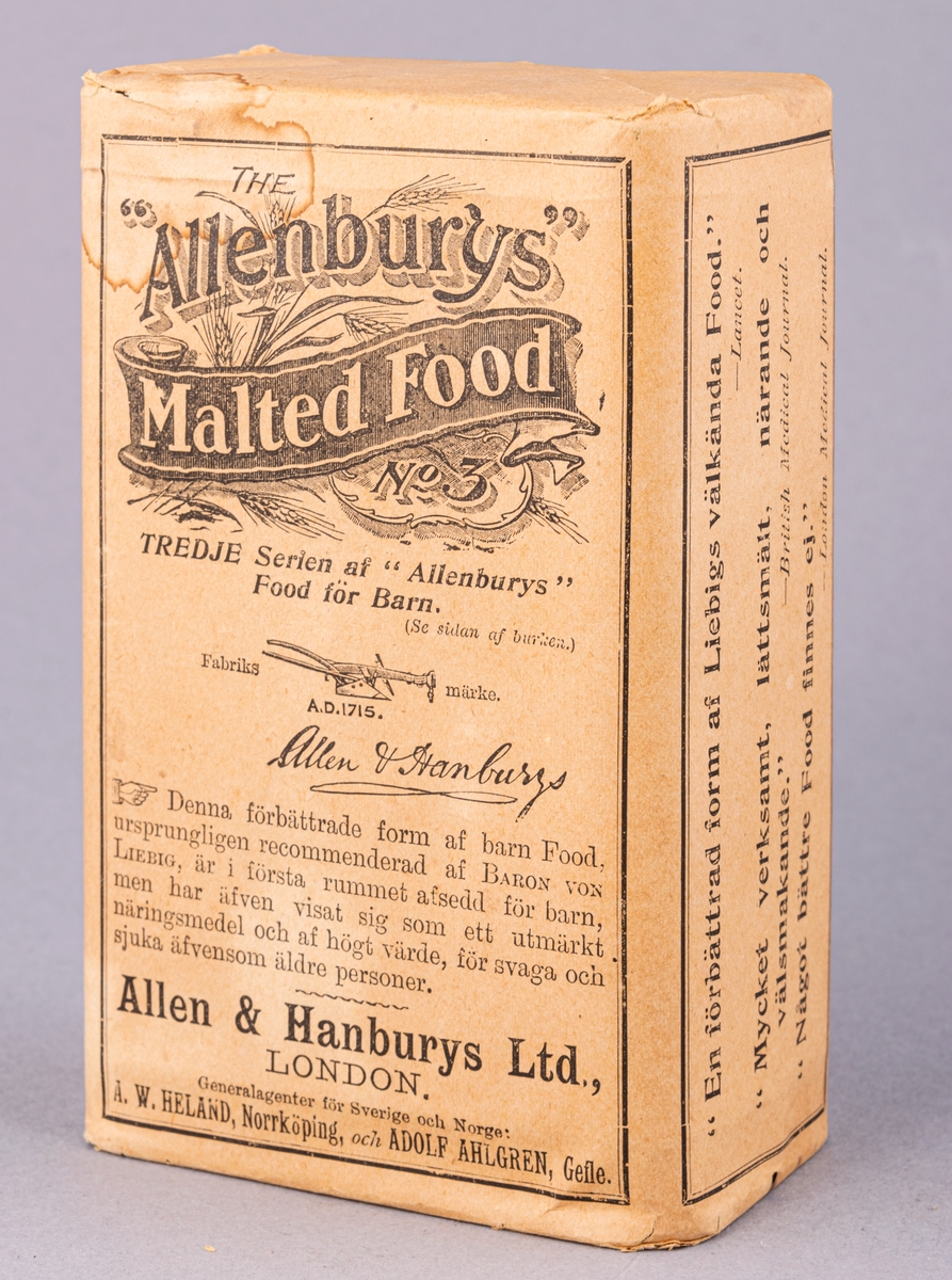 Pappersförpackning, paket, för barnmat. "The Allenburys Malted Food".