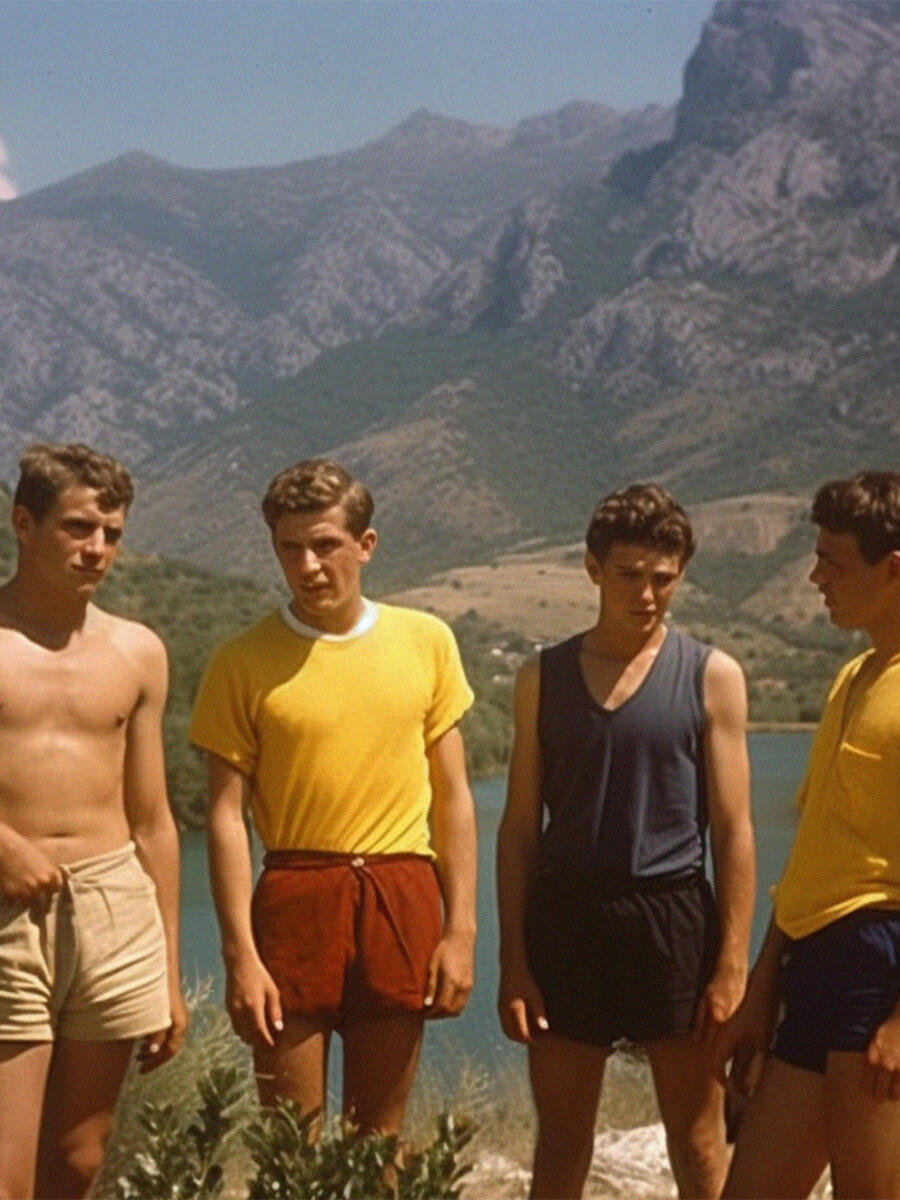Fire personer, sommerlig kledd, står foran et fjellandskap.