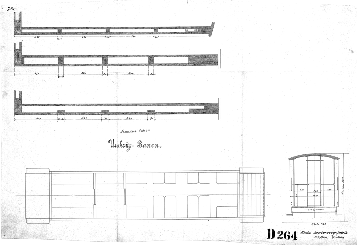 Urskogbanens personvogner BCo1 og BCo2
Grunnriss og detalj av vegger og endevegg
A/S Skabo Jernbanevognfabrik Skøien 2/3 1899
Tegning D264