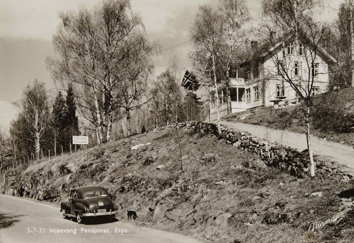 Postkort, Stange, Espa, Mjøsvang Pensjonat, parklert bil langs riksveg 50 med registreringsskilt A-60937, en Opel Kaptein 1950-53 modell, (Opel Kapitän)