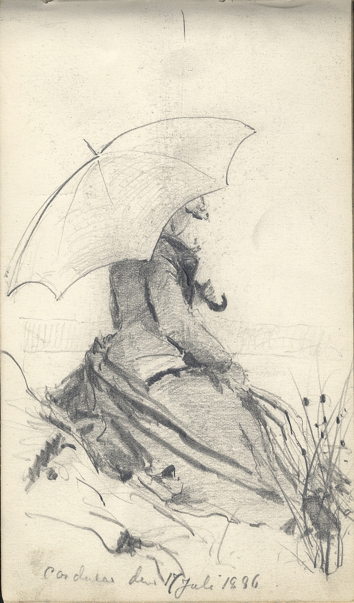 Skiss, blyerts. En kvinna med hatt och parasoll har slagit sig ner på en sten vid havet.
Sedd snett bakifrån. Trol. motiv från Marstrand.


Inskrivet i huvudbok 1975.