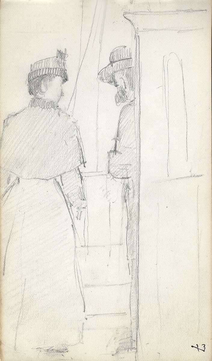 Skiss, blyerts.  En kvinna i cape och hatt står och pratar med skepparen på en ångbåt.
Tecknade snett bakifrån.

Inskrivet i huvudbok 1975.