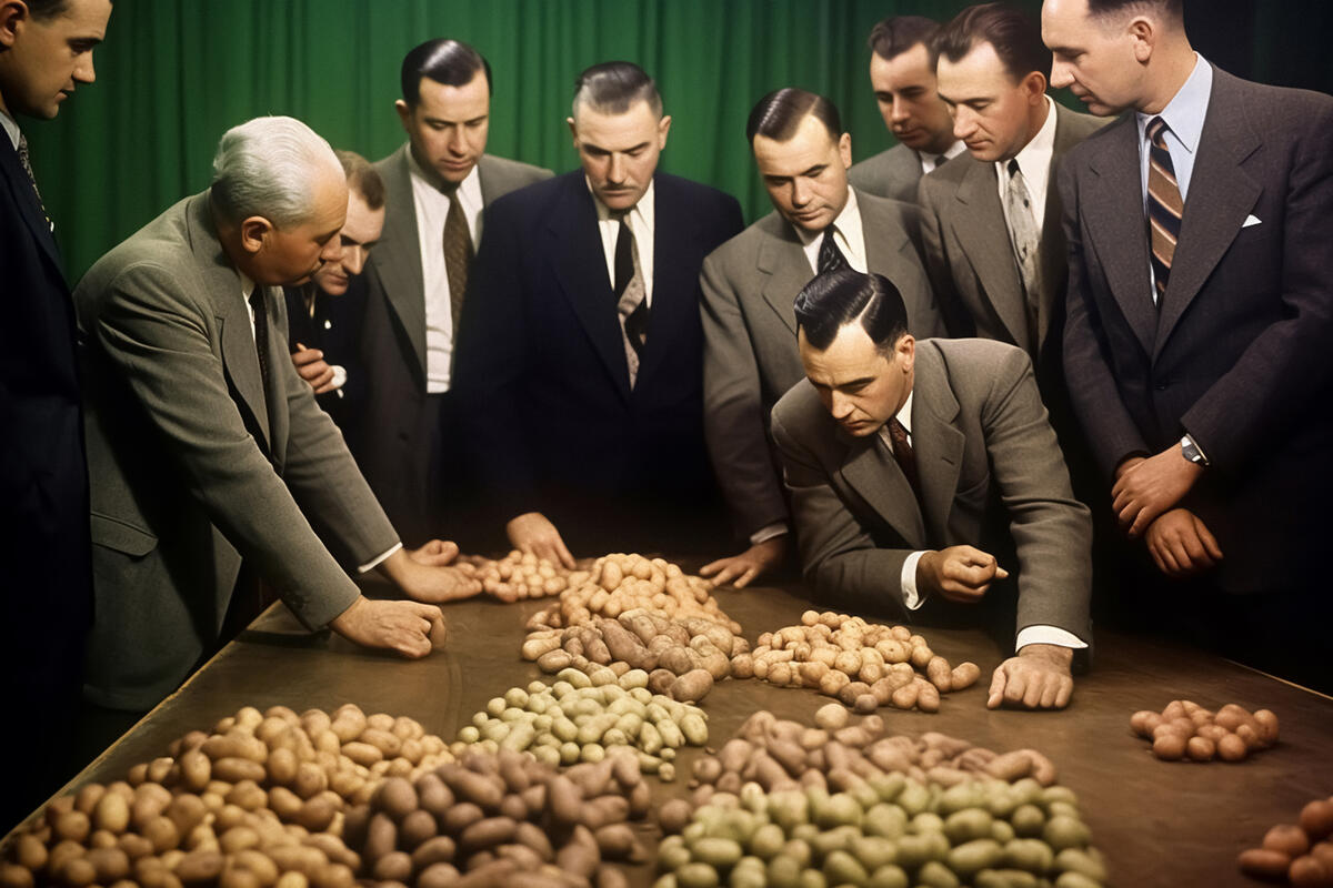 AI generated image showing a number of men in suits looking at different types of potatoes on a table.