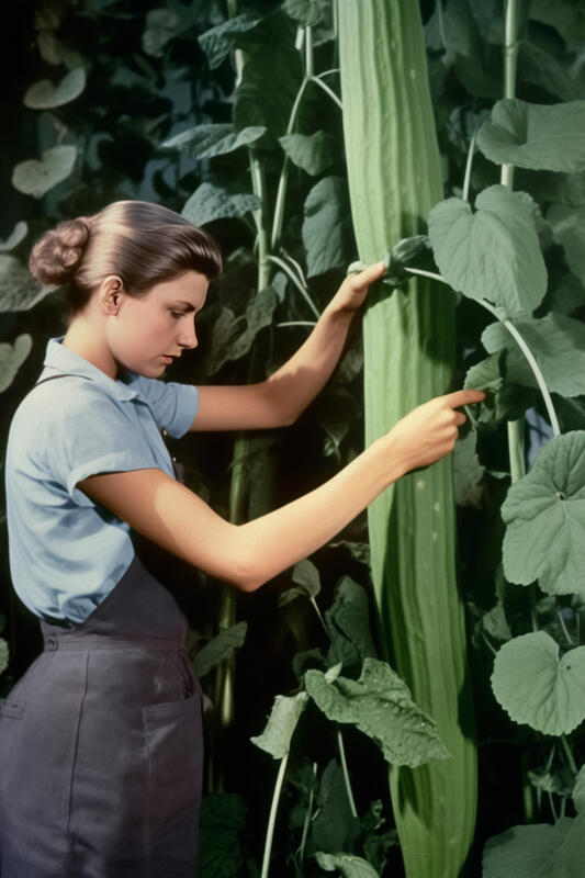 Ai-generated image shows a woman with a giant cucumber.