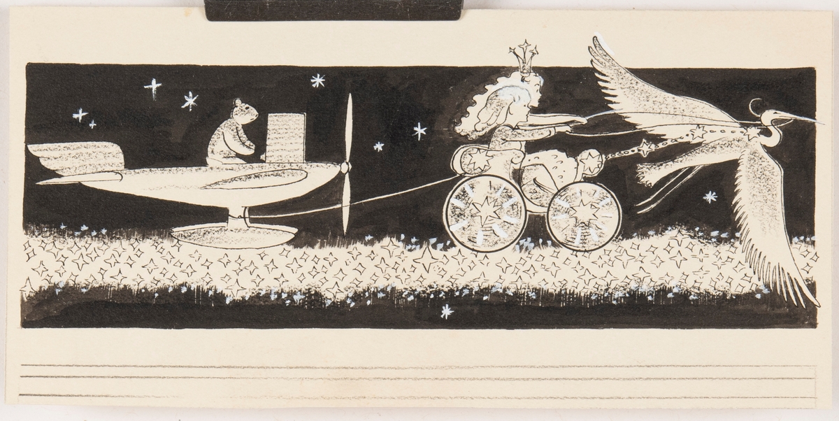 Bilden föreställer en flygande svan som drar en vagn där Björn och prinsessan sitter. Efter vagnen är ett flygplan kopplat med ett rep. På flygplanet sitter en Björns nalle. Vagnen och planet färdas längs Vintergatan, och i bakgrunden, som är svart, finns ett antal stjärnor. Scenen utspelar sig i rymden.