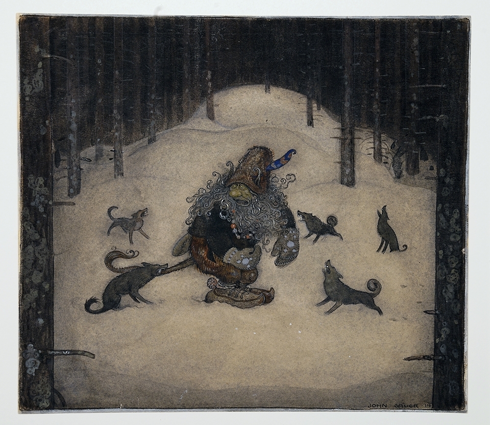 Akvarellmålning med detaljer i gouache och tusch. Troll omringat av fem vargar. Skog runtomkring. Grå och brun färgskala.

Bakstycke: På bakstycket finns text, samt div. etiketter.