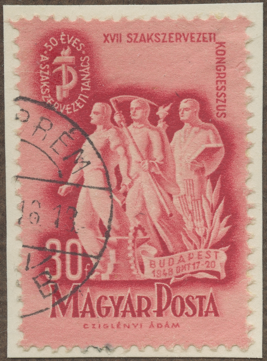 Frimärke ur Gösta Bodmans filatelistiska motivsamling, påbörjad 1950.
Frimärke från Ungern, 1948. Motiv av Arbetare för Syndikalist Kongress i Budapest 1948