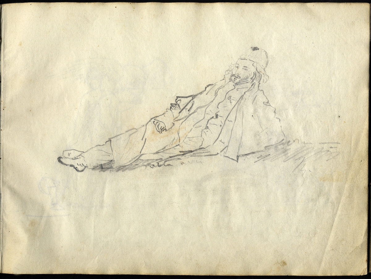 Skiss, blyerts. En skäggig man i rökmössa ligger och vilar sig på en grässlänt.

Inskrivet i huvudbok 1950.