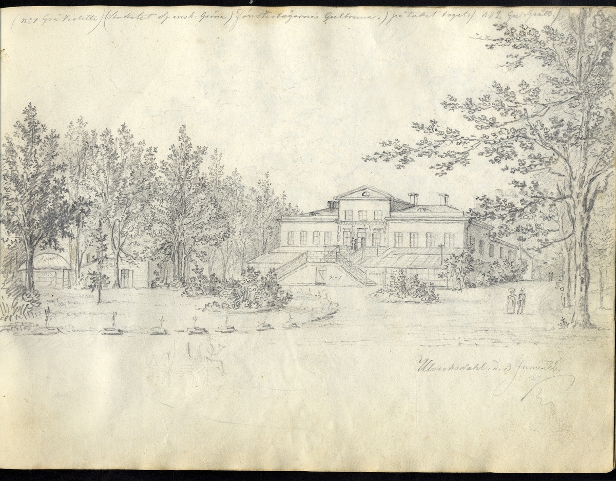 Skiss, blyerts. Villa Beylon vid Ulriksdals slott, 3 juni 1832. Några personer syns på promenad i parken.

Inskrivet i huvudbok 1950.