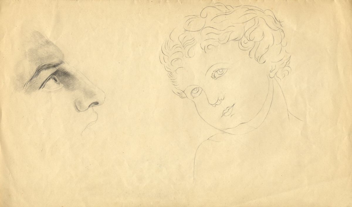 Skiss, blyerts. Två huvuden, till vänster en mansprofil (mera arbetat), till höger ett barn (kerub?) i halvprofil.

Inskrivet i huvudbok 1937.