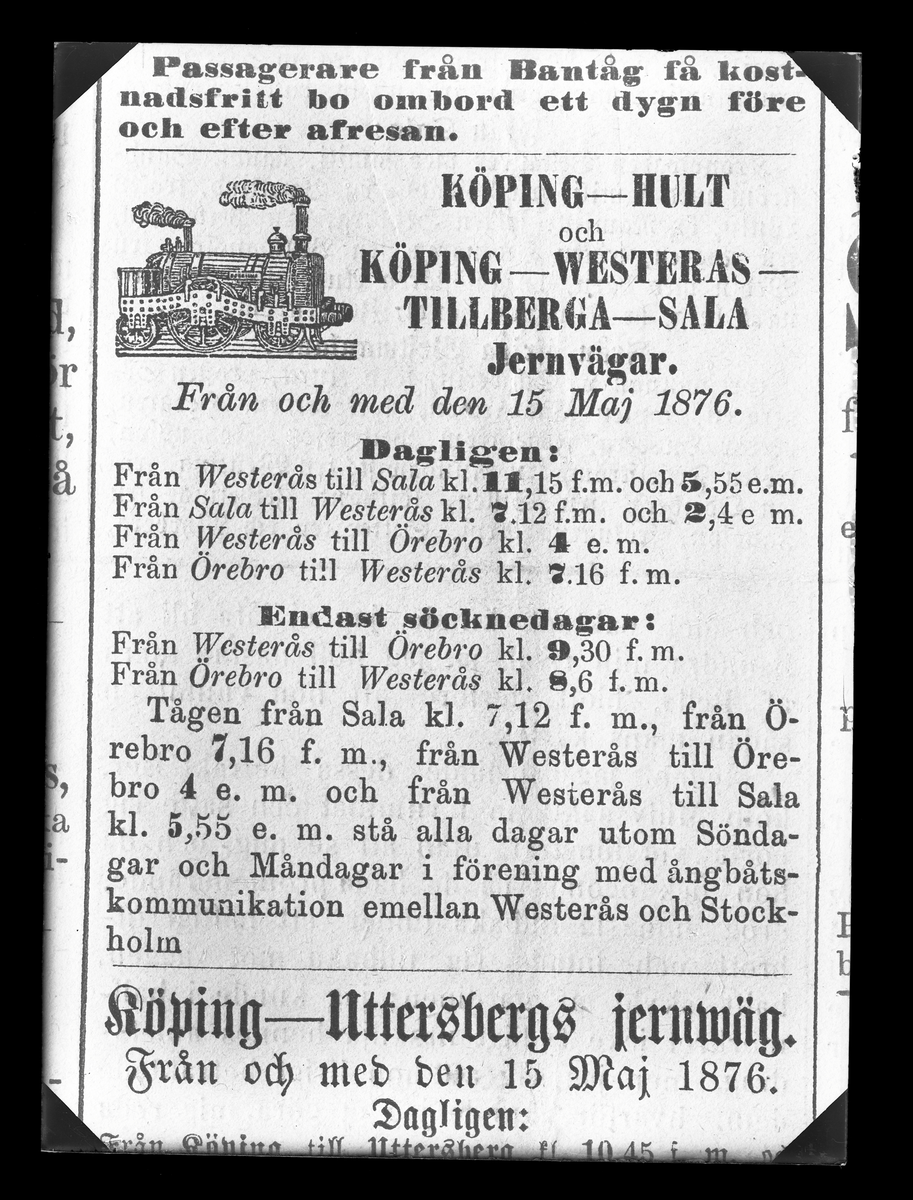 Tågtidtabell för järnvägen Köping - Hult och Köping - Västerås - Tillberga - Sala från 1876.