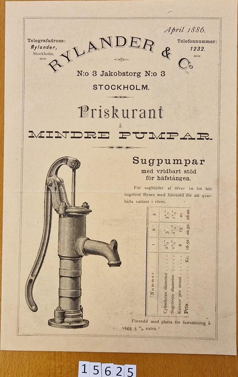 Priskurant, Rylander & Co, Stockholm 1886.