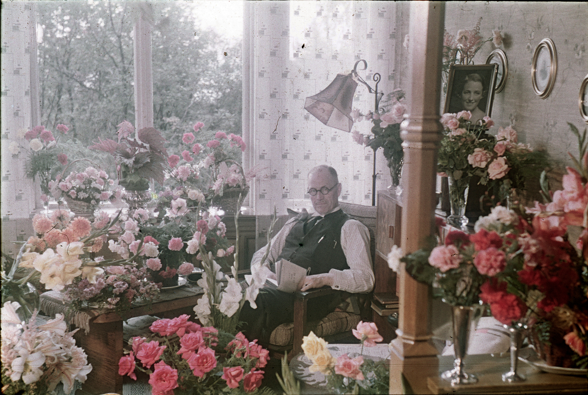 Fotograf Alf Schrøder fotografert på sin 70-års dag, omgitt av blomster. En liten fugl sitter på den ene skulderen hans.