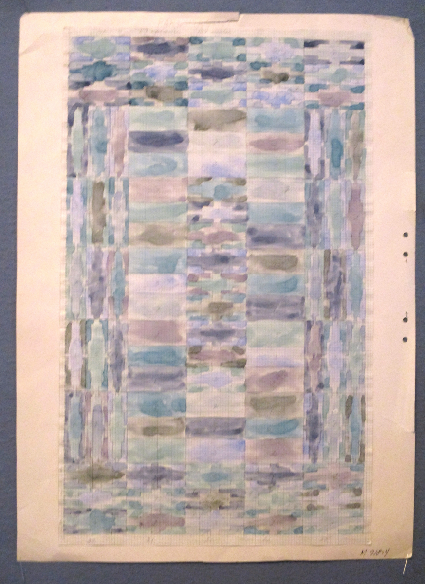 Färgskiss på rutpapper och garnprov till ryamatta  i blåa nyanser. Storlek107x170 cm