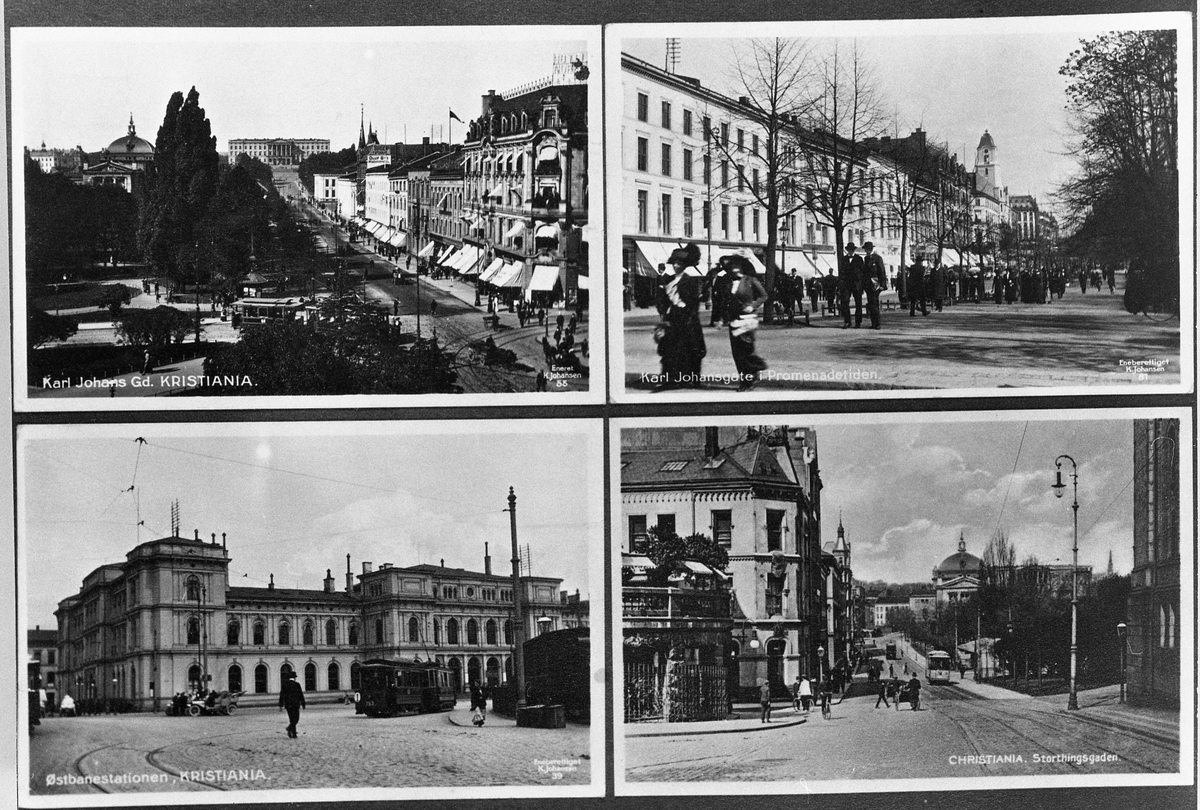 Fotomontasje med fire bilder fra Oslo. Karl Johans gate, Karl Johans gate i promenadetida, Østbanestasjonen, og Stortingsgata. Året er 1911.