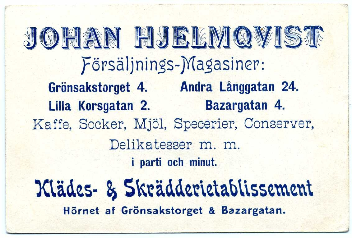 Rektangulärt reklamkort med Andrée-porträtt på en sida samt andra sidan med reklam för Johan Hjelmqvist Försäjnings-Magasiner, troligen i Göteborg.