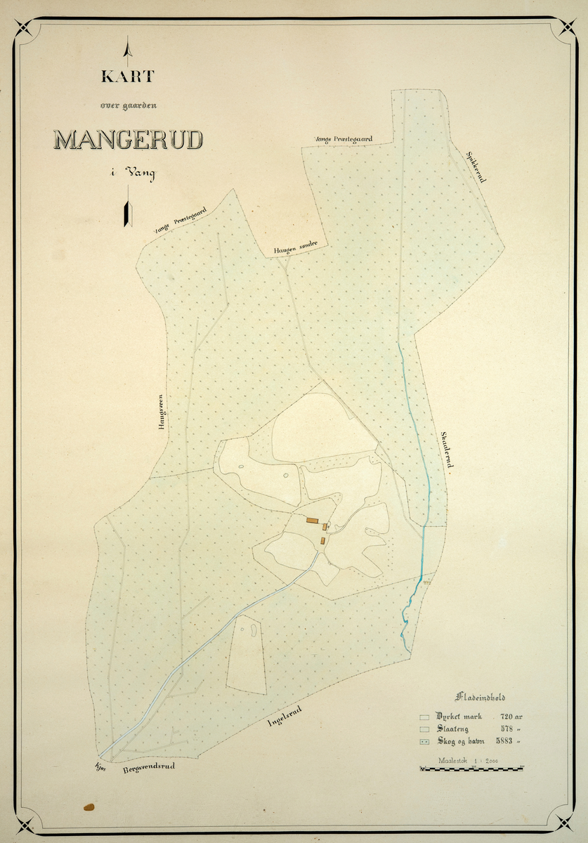 Gårdskart, gards kart over gården Mangerud i Vang, Hedmark.