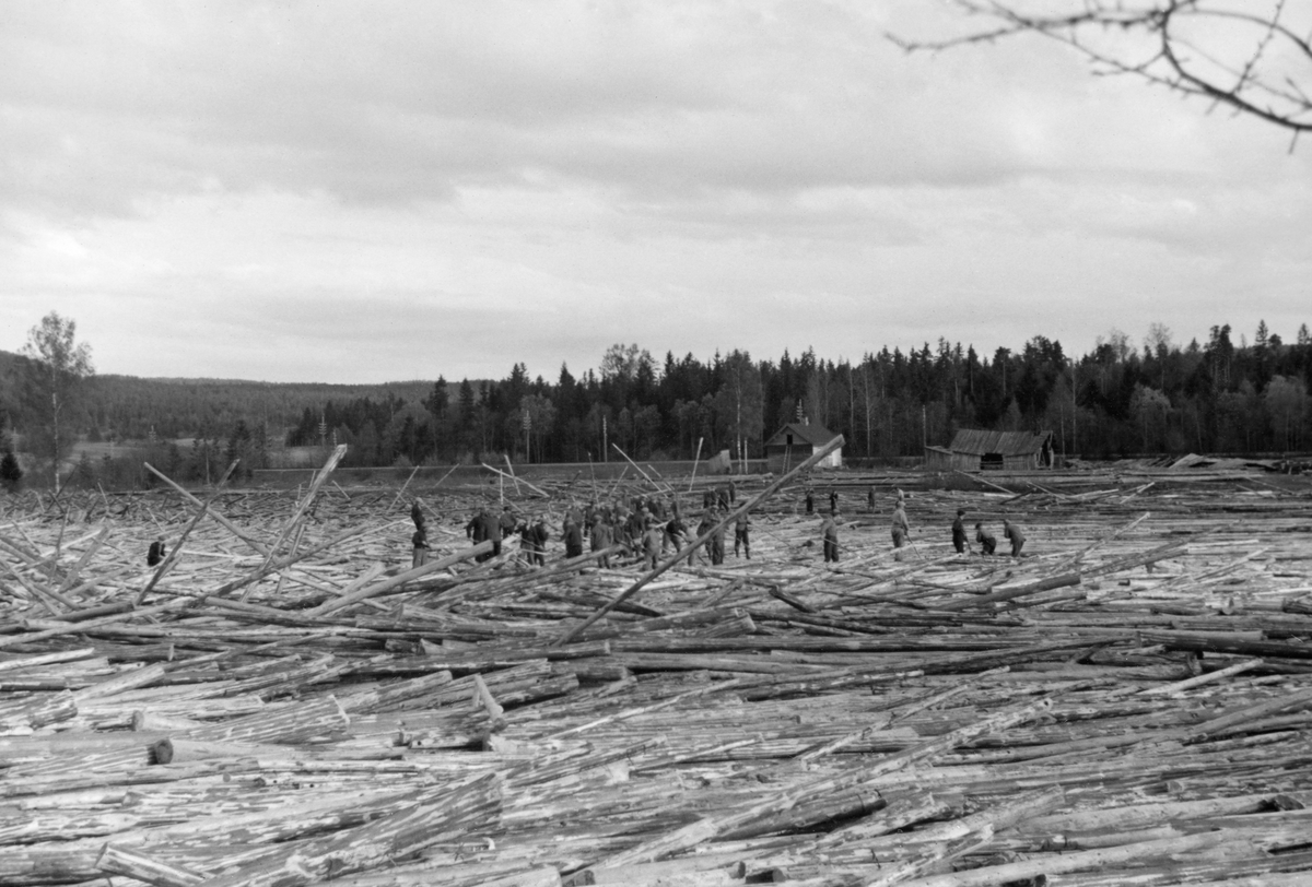 Såkalt «tømmersett» i Glomma ved Sæterstøa eller Seterstøa, i grensetraktene mellom Sør-Odal kommune i Hedmark og Nes kommune i Akershus, i andre halvdel av mai 1938. Bildet viser et stilleflytende elveløp som var helt fullpakket av tømmer på et sted der elva dreide ganske krapt fra en sørgående flytretning vestover mot Funnefossen. 

I 1938 var det mye tømmer i Glommavassdraget. Fløtingskvantumet hadde ikke vært så stort siden rekordåret 1921. Det var imidlertid en forholdsvis kjølig vår, og det drøyde med snøsmeltinga i fjelltraktene. Vannføringa nedover i vassdraget var følgelig moderat. Så kom det et par regnværsdager i den øvre delen av vassdraget. Dette utløste en hektisk utislagsaktivitet. Store tømmermengder kombinert med lav vannstand førte gjerne til at fløtingsvirket lett kunne sette seg fast. I slike situasjoner var elvetopografien ovenfor Funnefossen utsatt. Om morgenen 17. mai kunne de seks fløterne som da var på jobb konstatere at det var i ferd med å bygge seg opp en haug på motstrøms side av kraftverksdammen, og de måtte snart konstatere at det strømmet på med løstømmer som hektet seg fast i den nevnte haugen. Dette skjedde raskt, så karene hadde ikke kapasitet til å holde elveløpet åpent. Elveløpet ble fylt med tømmer, og «setten» vokste seg oppover i elveløpet, mot og etter hvert forbi sundstedet ved Seterstøa. Pressen anslo at den på det meste fylte en elvestrekning på om lag 2 kilometer. Glomma fellesfløting beordret utislagsstans, og fikk lagt ei lense over elva i Solør som skulle stanse tilsiget av stadig mer tømmer. Samtidig mobiliserte de mannskaper fra nabodistriktene, i første omgang 60-70 mann, etter hvert om lag 200. Likevel fortsatte opphopningen av tømmer lenge å vokse. Arbeiderpressen var opptatt av om fløterne fikk tilfredsstillende betalt for slitsomt og farefullt arbeid. Betalinga var, etter tidas norm, ikke verst, men for mannskapene fra Fetsund var det et irritasjonsmoment at satsene var like for alle. De fikk ingen ekstrabonus for erfaring og fagforeningsmedlemskap, og gikk derfor til streik. I mellomtida hadde kommet til erfarne fløtere fra Solør- og Odalsbygdene, og deres innsats later til å ha blitt et vendepunkt. Fløterne forsøkte å arbeide frigjøre tømmer i en kile fra den nedre enden av tømmerhaugen. Etter hvert som denne kilen med åpent vann i den sentrale delen av tømmerproppen ble stadig lengre ble det lettere å få tømmeret til å løsne. Det skjedde uten skade på det nedenforliggende kraftverket. Etter cirka halvannen uke var det verste over, og fløtingsinspektør Olaf Engelhart Greni (1891-1958) kunne sende slitne mannskaper fra andre distrikter hjem.