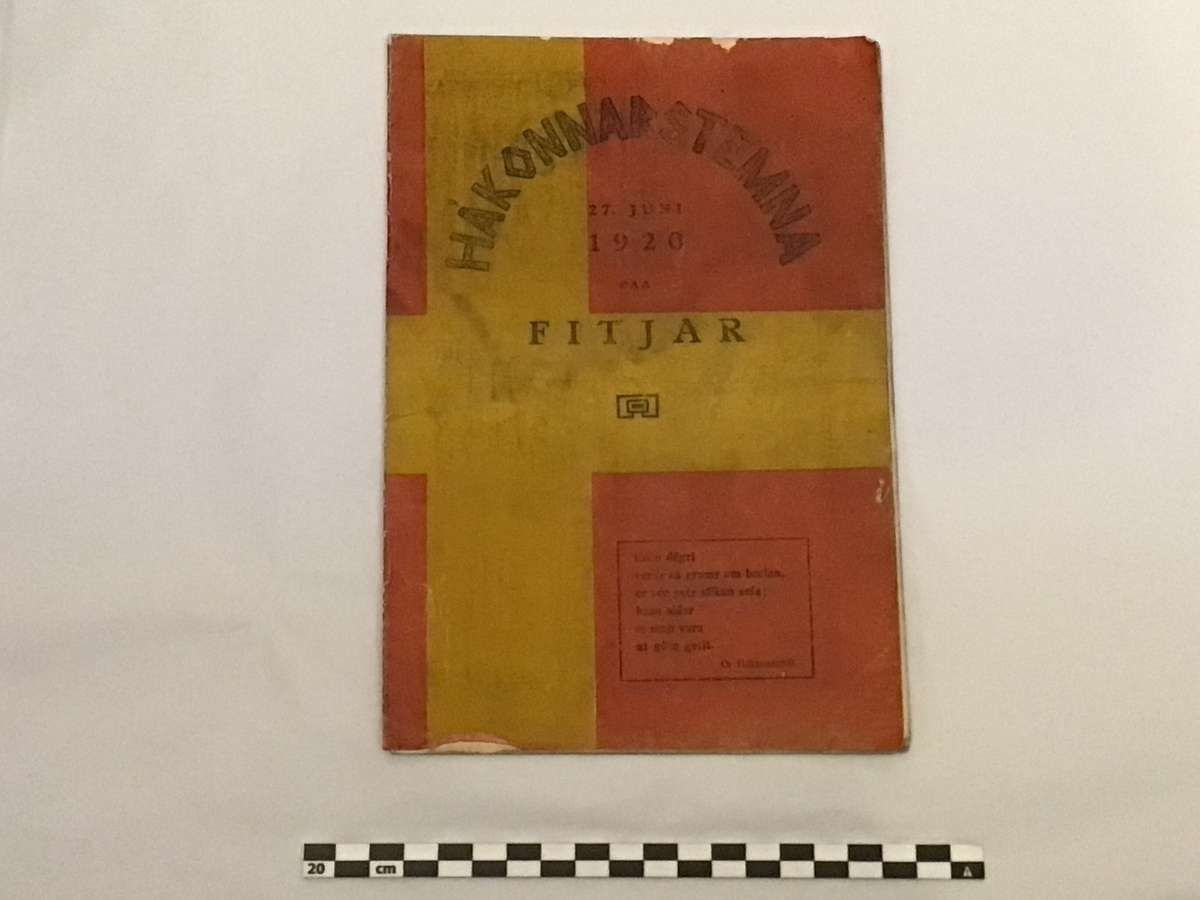 Programhefte med tekstar til Håkonnarstemne 27.juni 1920  på Fitjar.