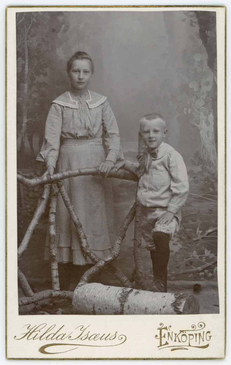 Fotografi monterat på papp. Motiv : två barn ( en flicka och en pojke) ståendes vid ett staket, fotografiet är tagen i en ateljé.
Baksidan av visitkortet är blankt.