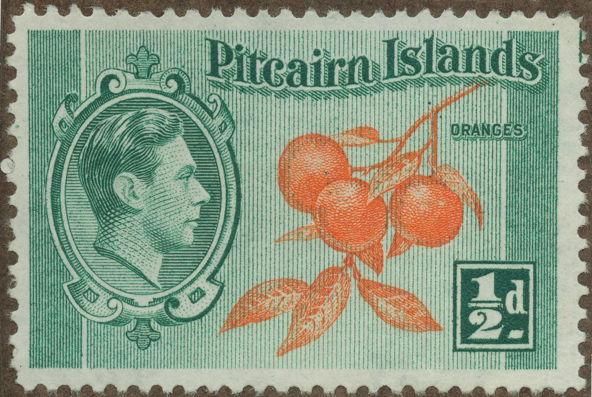Frimärke ur Gösta Bodmans filatelistiska motivsamling, påbörjad 1950.
Frimärke från Pitcairn Öarna, 1940. Motiv av Kung George VI av England. Kvist med apelsiner.