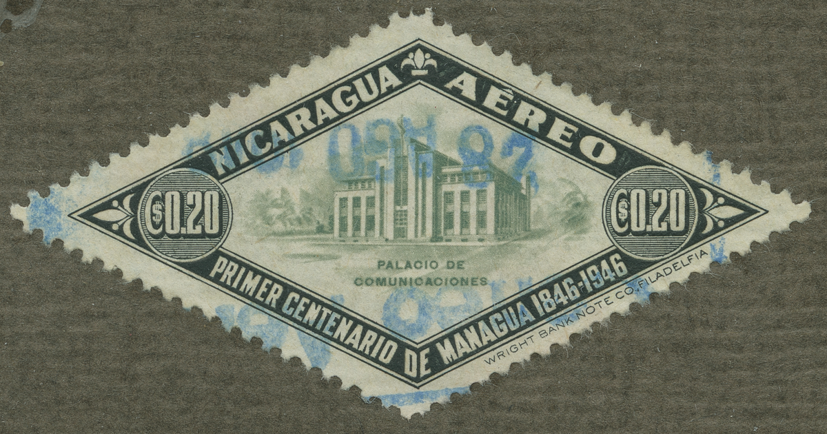 Frimärke ur Gösta Bodmans filatelistiska motivsamling, påbörjad 1950.
Frimärke från Nicaragua, 1946. Motiv av Huvudpostkontoret i huvudstaden Managua