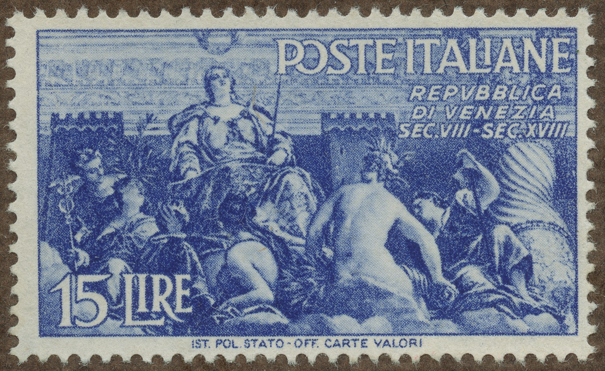 Frimärke ur Gösta Bodmans filatelistiska motivsamling, påbörjad 1950.
Frimärke från Italien, 1946. Motiv av Symbol för Republiken Venezia