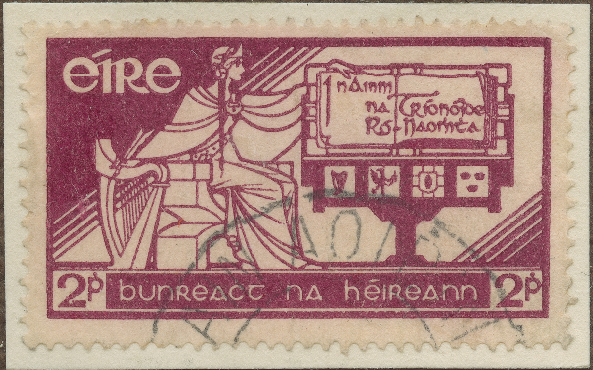 Frimärke ur Gösta Bodmans filatelistiska motivsamling, påbörjad 1950.
Frimärke från Irland, 1937. Motiv av Minne av Irlands nya författning