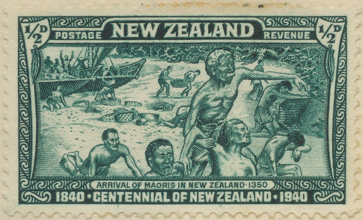 Frimärke ur Gösta Bodmans filatelistiska motivsamling, påbörjad 1950.
Frimärke från Nya Zealand, 1940. Motiv av Maori-stammen landstiga på New Zealand år 1350 -100- årsminne av New Zealands grundande 1840-