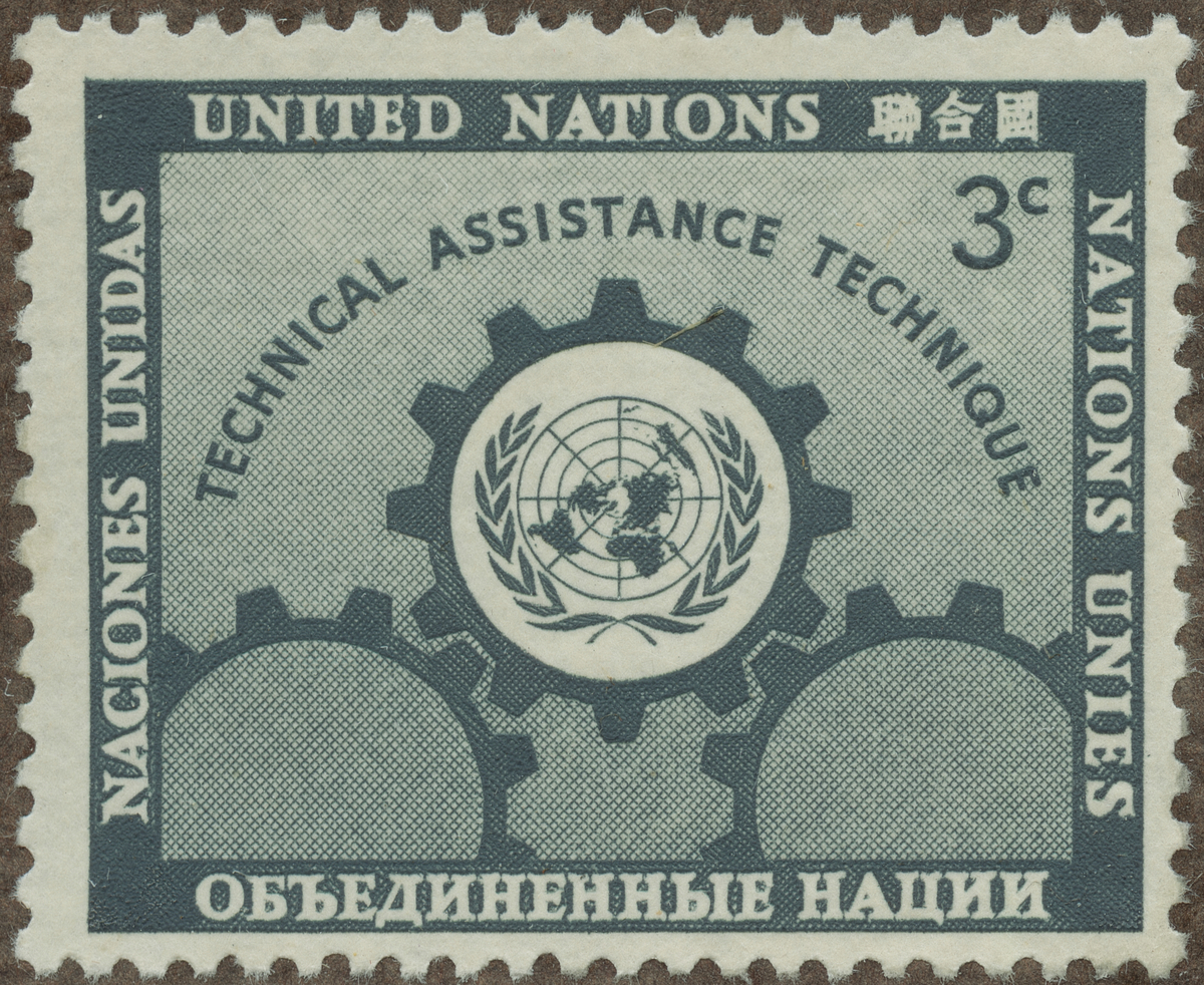 Frimärke ur Gösta Bodmans filatelistiska motivsamling, påbörjad 1950.
Frimärke från Förenta Nationerna, 1953. Motiv av Världskarta Jordglob Technical Assistance 1953