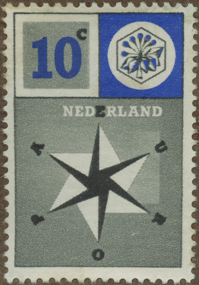 Frimärke ur Gösta Bodmans filatelistiska motivsamling, påbörjad 1950.
Frimärke från Nederländerna, 1957. Motiv av Sexuddig stjärna EUROPA