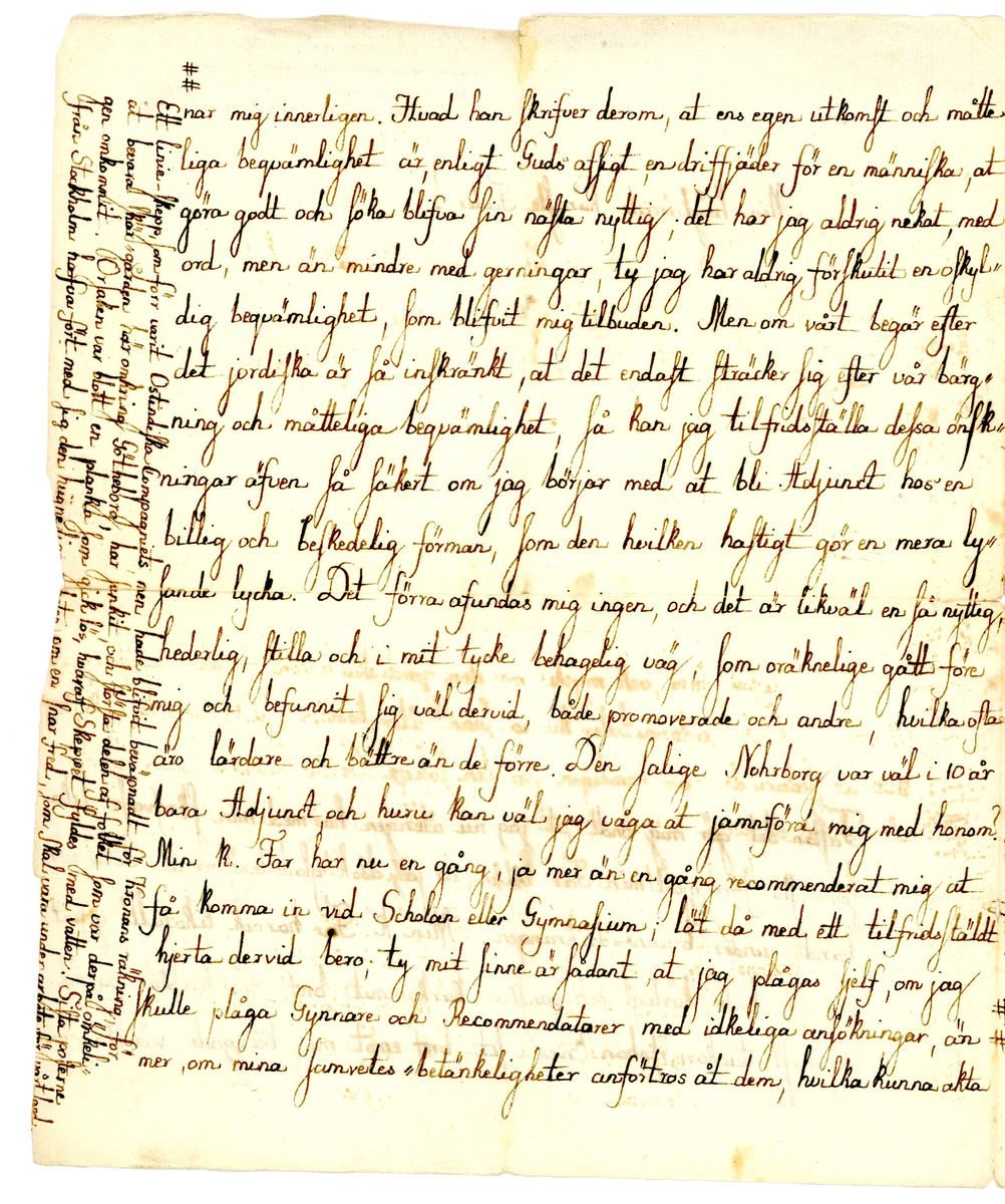 Brev utan kuvert. 1 sida. 

Från skribententen till sin far. Daterat Göteborg 18 augusti 1790.