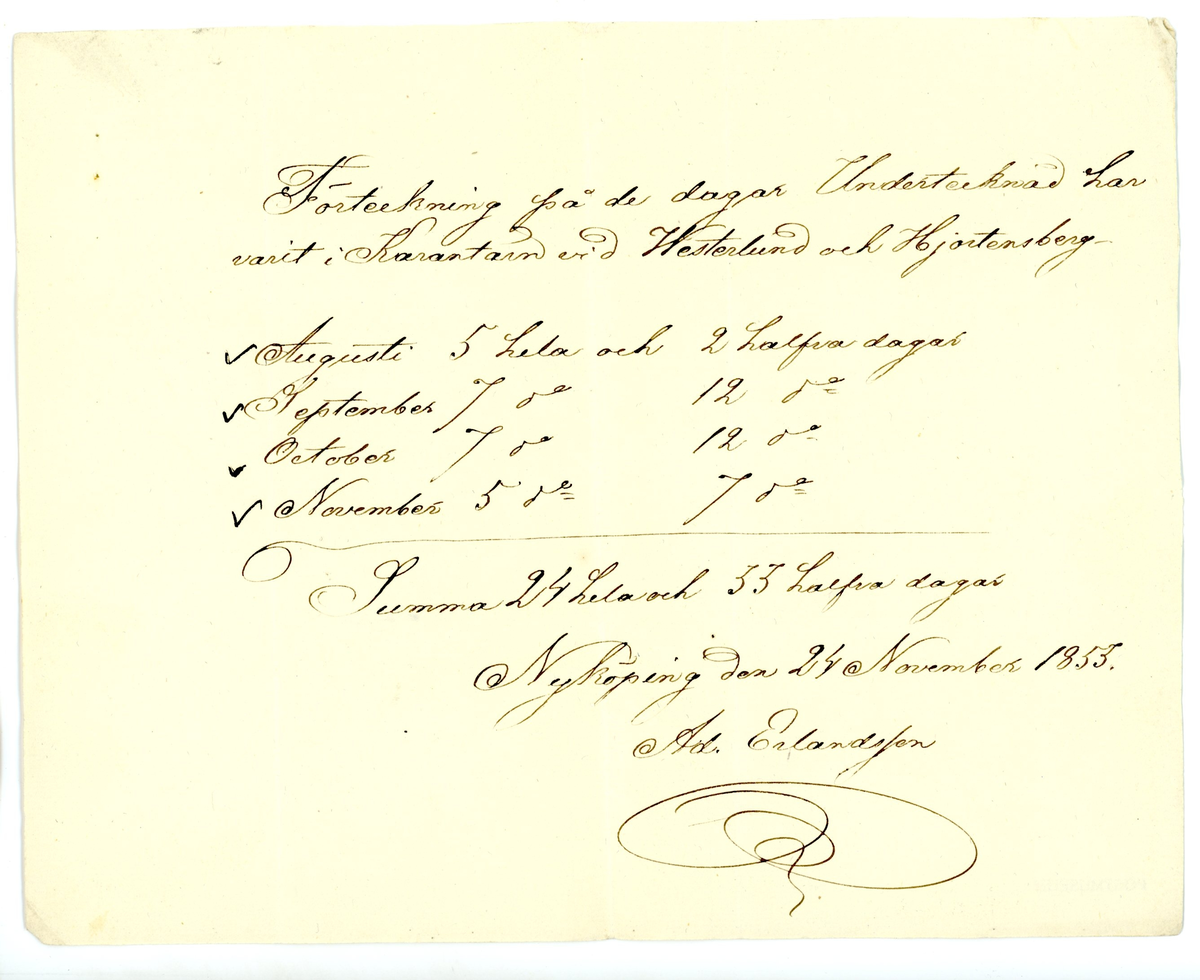 Uppgift för de dagar då undertecknad har legat i karantän vid Westerlund och Hjortensberg i perioden augusti - november 1853.

Summa 24 hela och 33 halva dagar.