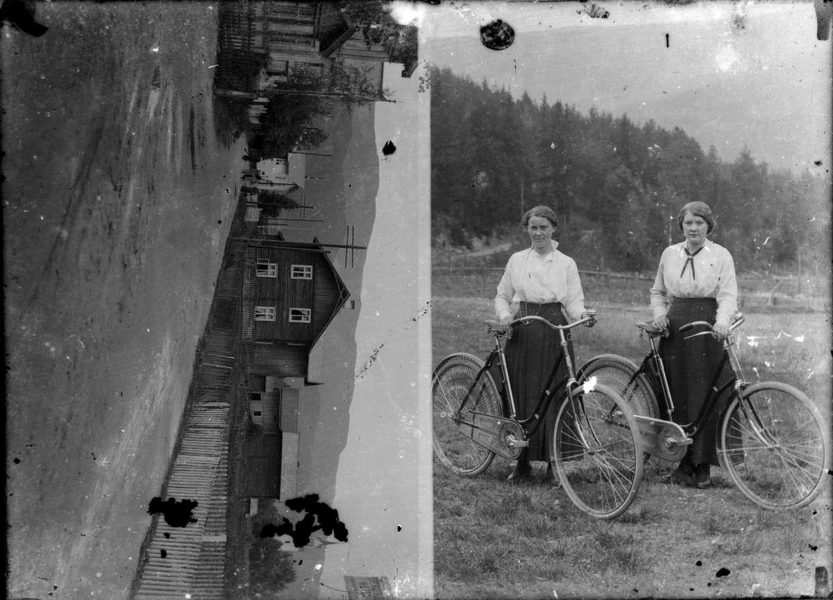 Nes sentrum og syklister
Nes sentrum t.h.Grimgård og kirken i bakgrunn. 2 damer med sykler.r       Glassplate fra Hallibakken.
