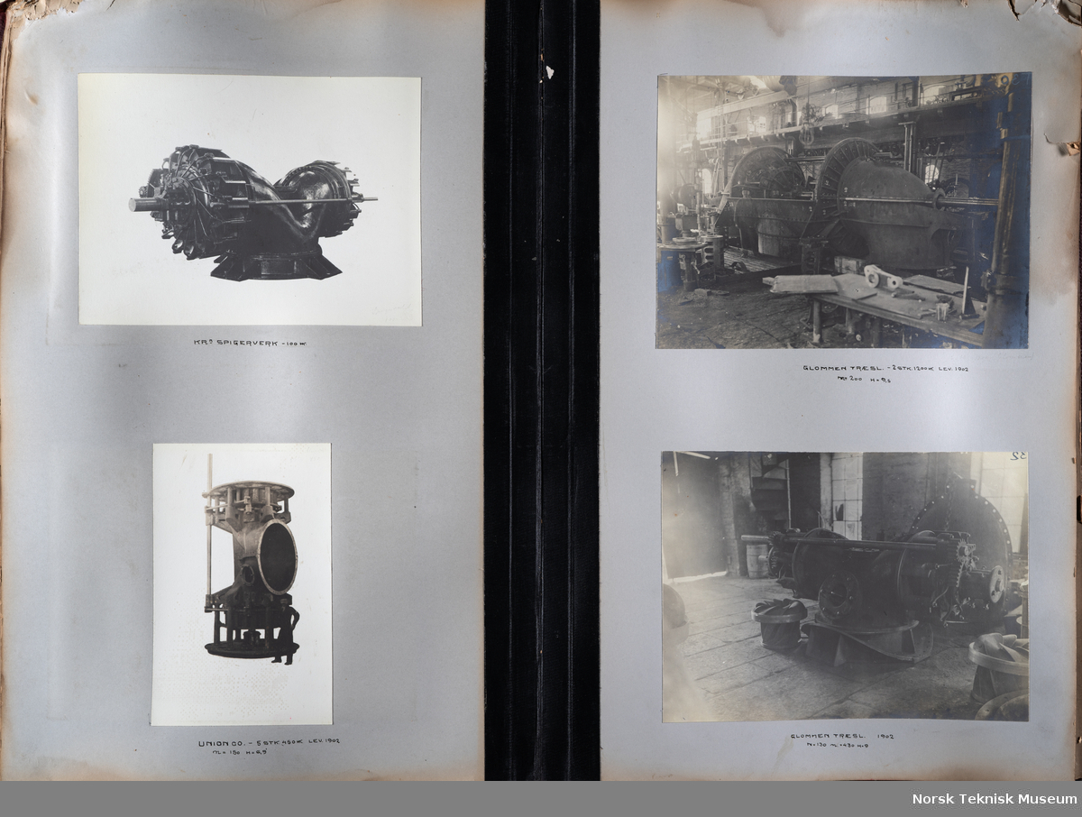 Fotoalbum med fotografier av rørganger, turbiner, skovler mm produsert ved Myrens verksted. 
