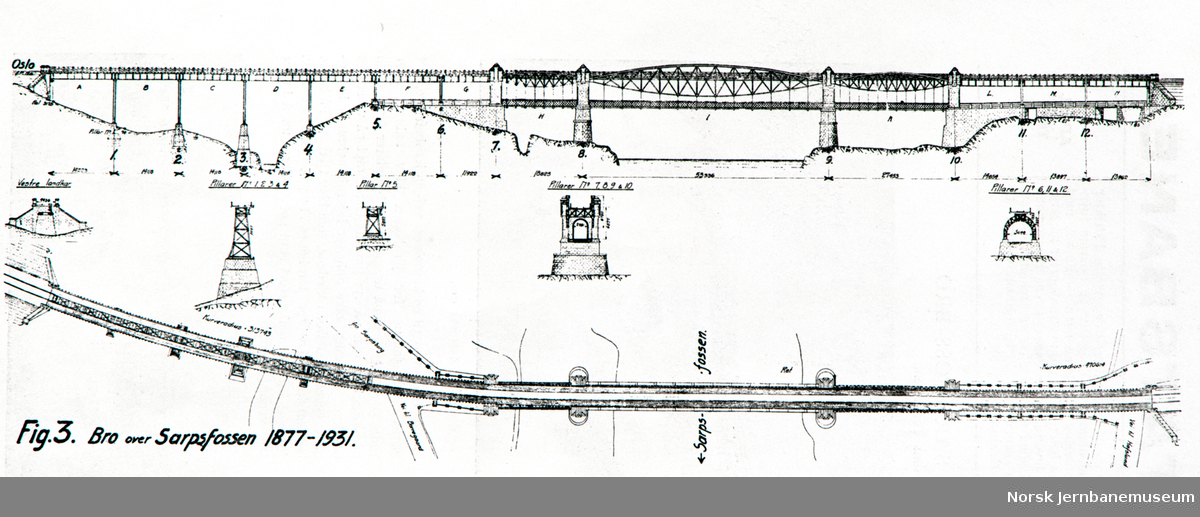 Tegning av bru over Sarpsfossen fra NSB Tekniske Meddelelser nr. 2/1937