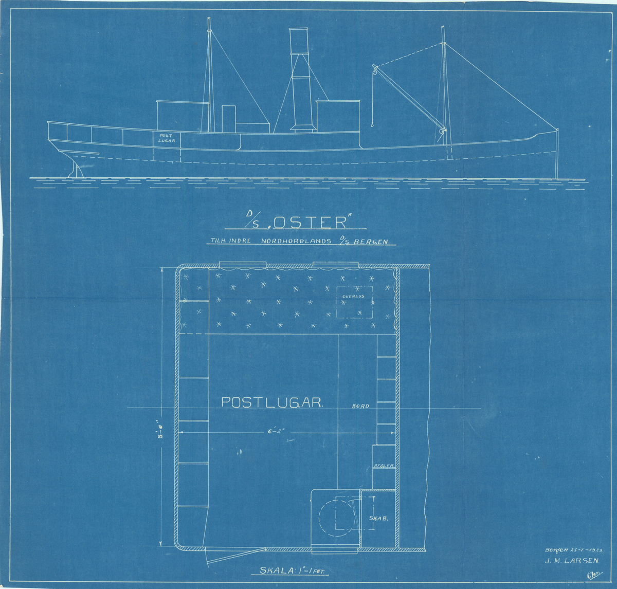 Tegning viser plassering og plan av postlugar på D/S Oster.