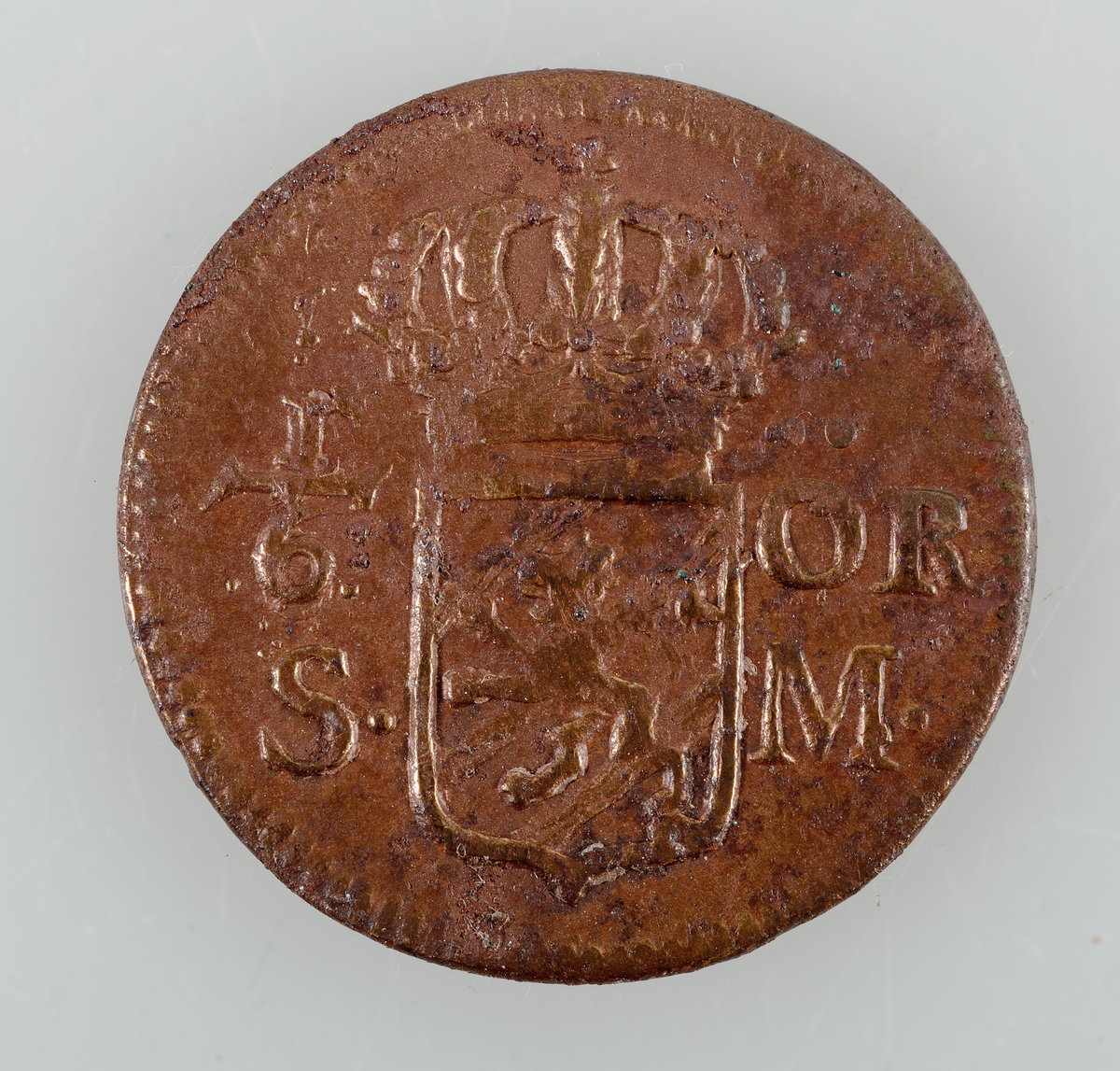 Mynt. 1/6 öre SM, 1718 (Karl XII), präglat i Avesta.
