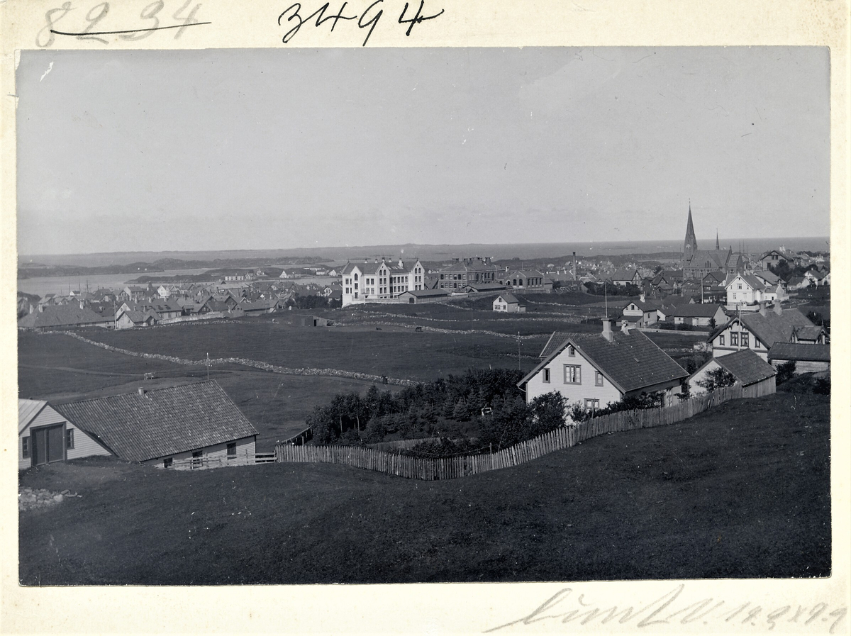 Utsikt over Haugesund, sett fra Hollenderhaugeun i sørøst. midt i bildet er de to skolebyggene på Breidablikk, og til høyre er Vår Frelseres kirke. Noen gårsbruk er i forgrunnen. 