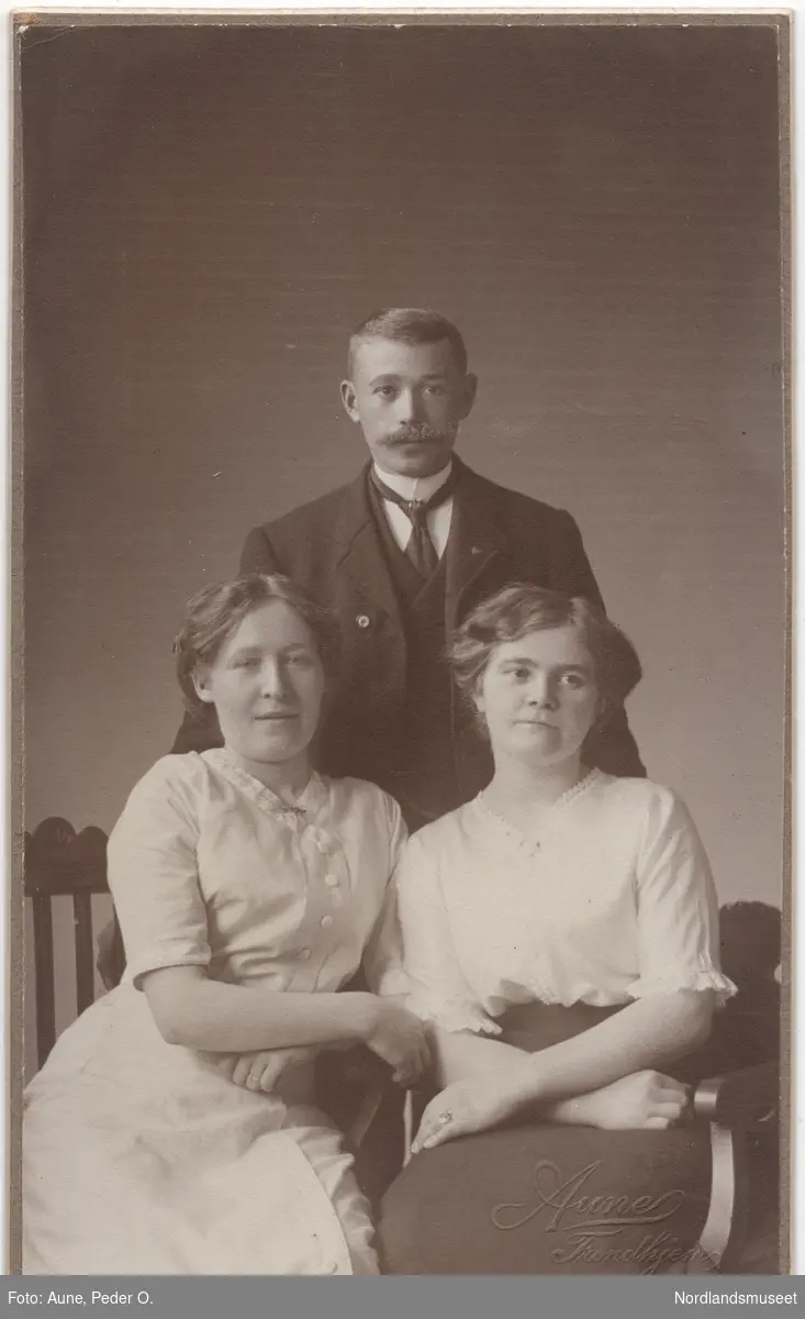 Portrett av en mann stående og to kvinner foran på stoler. Ukjent.