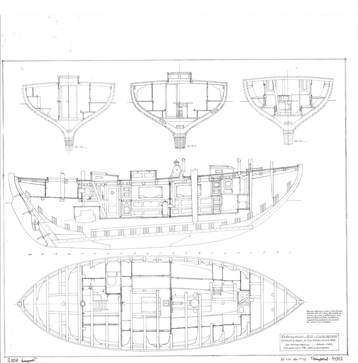 Tegning av generalarrangement til redningsskøyte R/S 1 'Colin Archer'. Båten ble konstruert og bygget av Colin Archer i 1893.