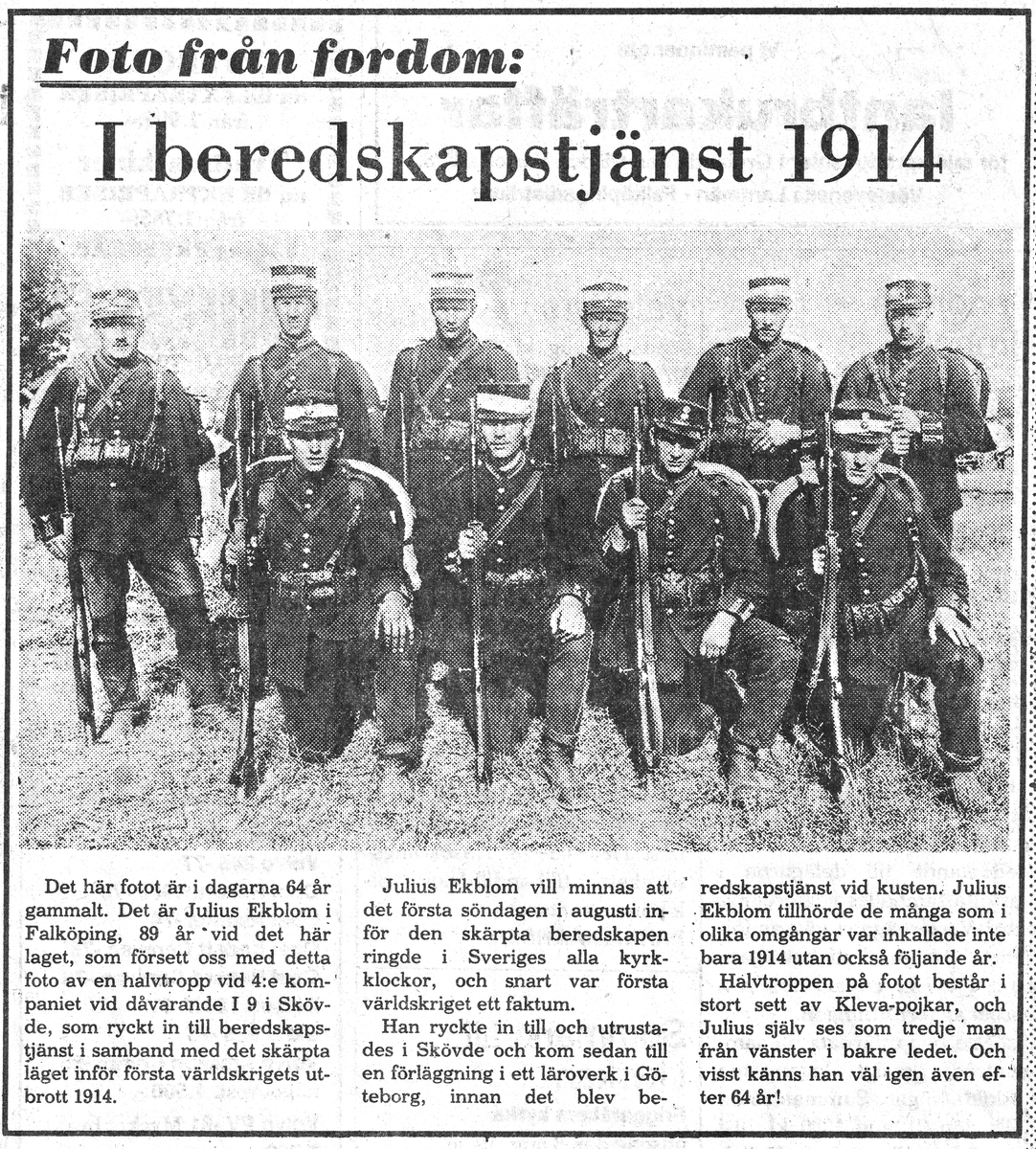 Tidningsnotis om beredskapstjänst 1914.  Skaraborgs regemente 1/2 tropp 4 kompaniet.