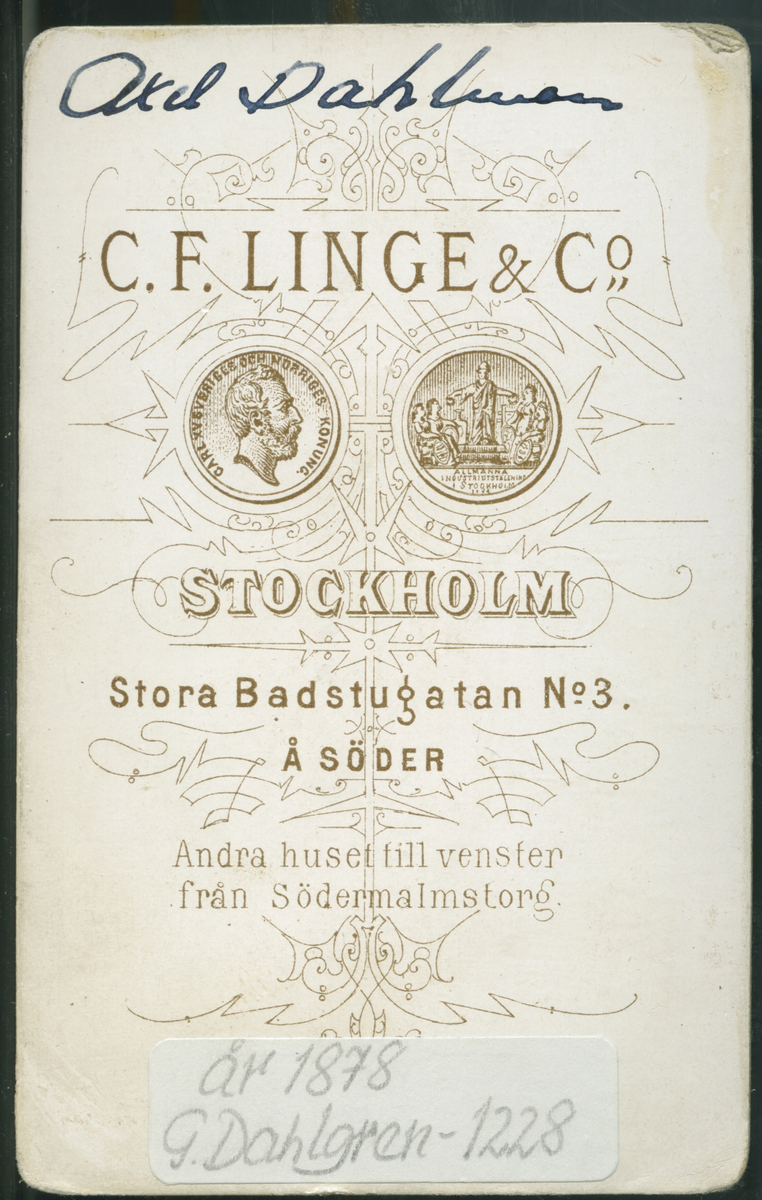 På kuvertet står följande information sammanställd vid museets första genomgång av materialet: Axel Dahlman
Stockholm.