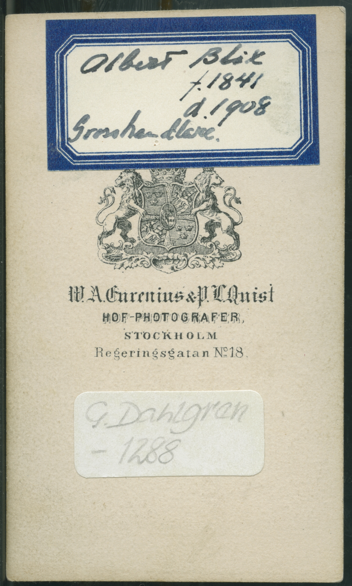 På kuvertet står följande information sammanställd vid museets första genomgång av materialet: Grosshandlare Albert Blix. f. år 1841 d.år 1908. Stockholm.
